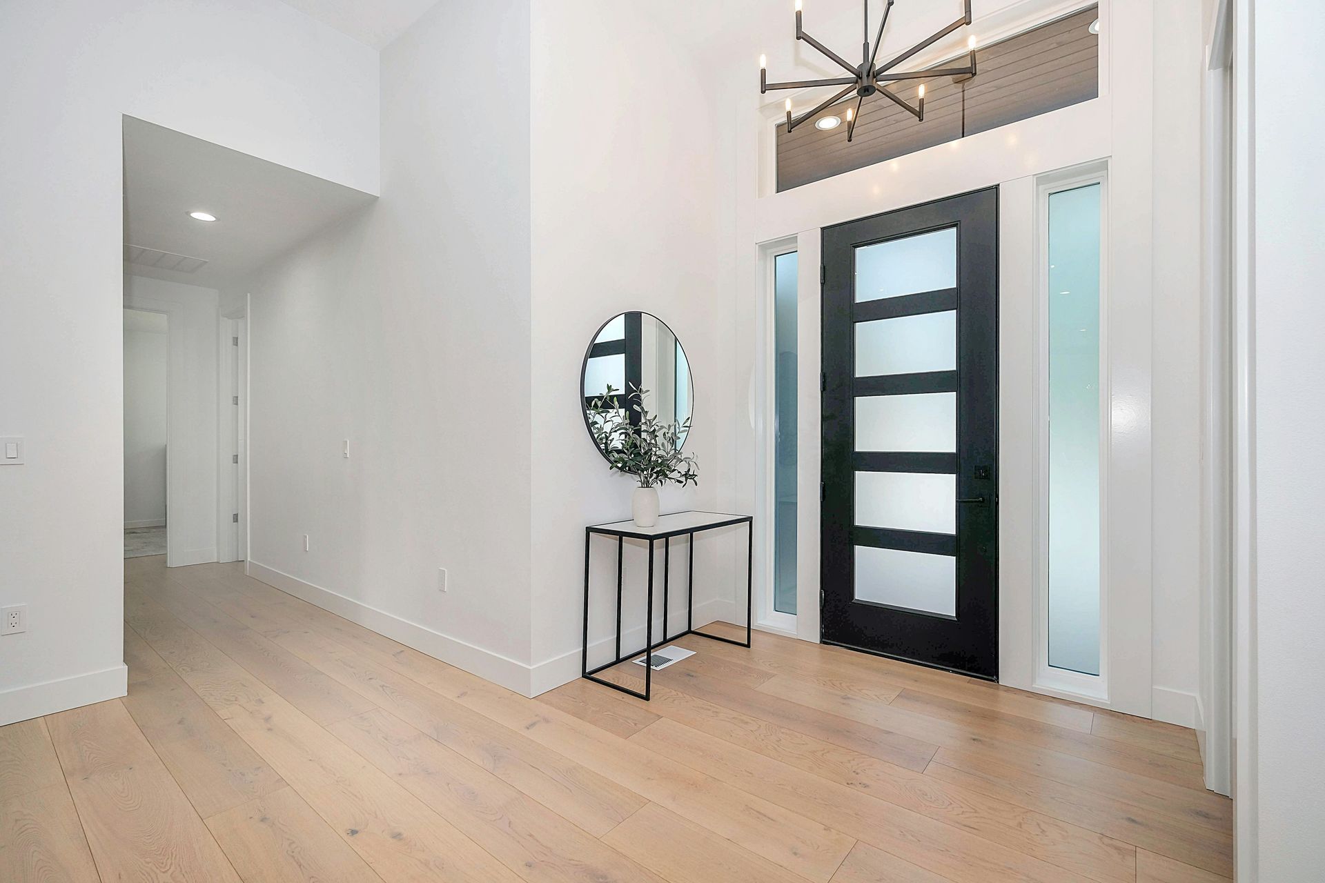 Custom black front door with frosted glass panels professionally installed by A1 Handyman Boise to enhance curb appeal and entryway style.