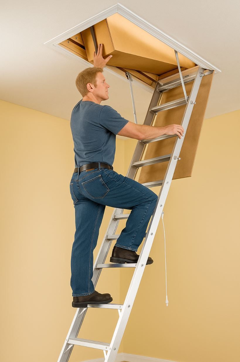 A1 Handyman technician in Boise, ID installing a fold-down attic ladder, ensuring safe and secure ceiling access for residential storage needs.
