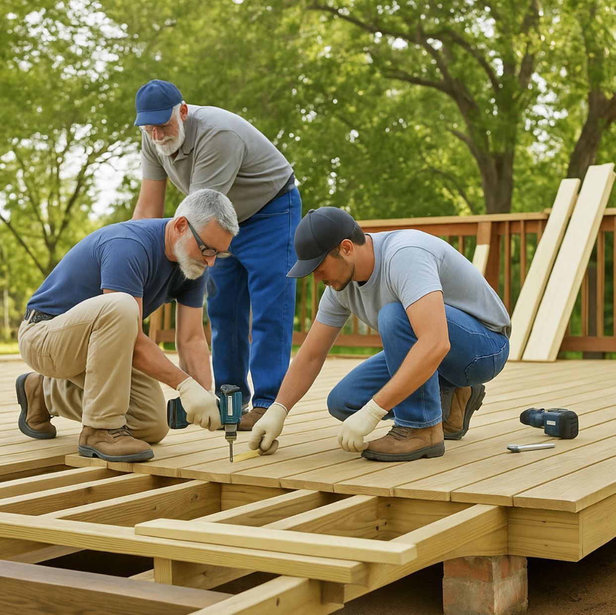 A1 Handyman team in Boise, ID performing professional deck repair, replacing damaged boards and securing the structure with professional tools.