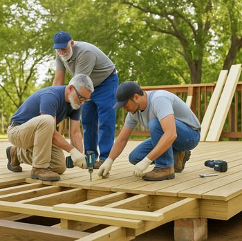 A1 Handyman team in Boise, ID performing professional deck repair, replacing damaged boards and securing the structure with professional tools.