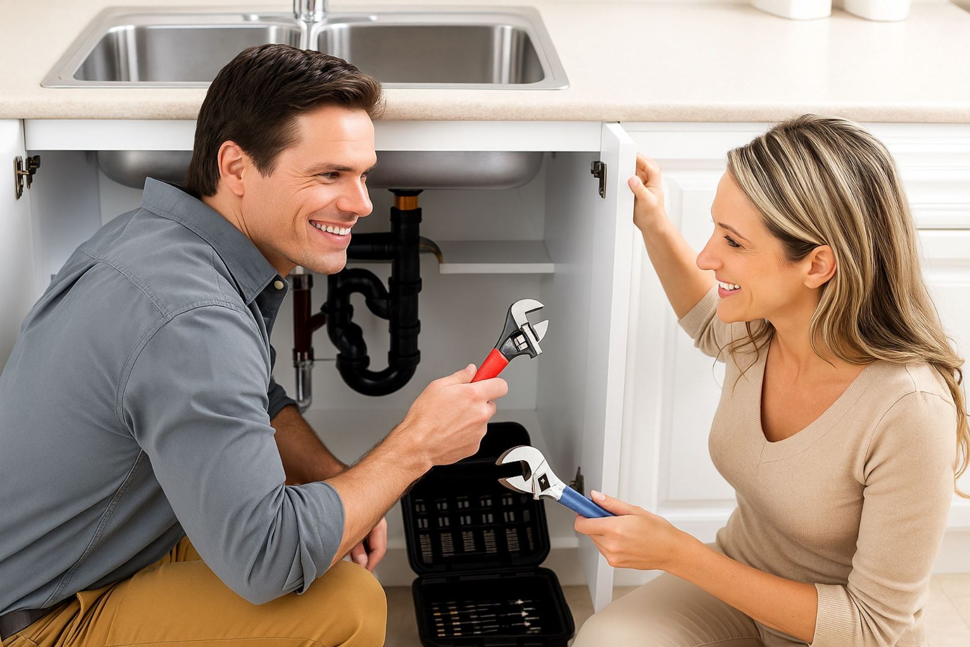 A1 Handyman technician in Boise, ID performing  garbage disposal replacement and under-sink plumbing repair in a residential kitchen.