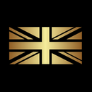 Golden stylized British flag on black background.