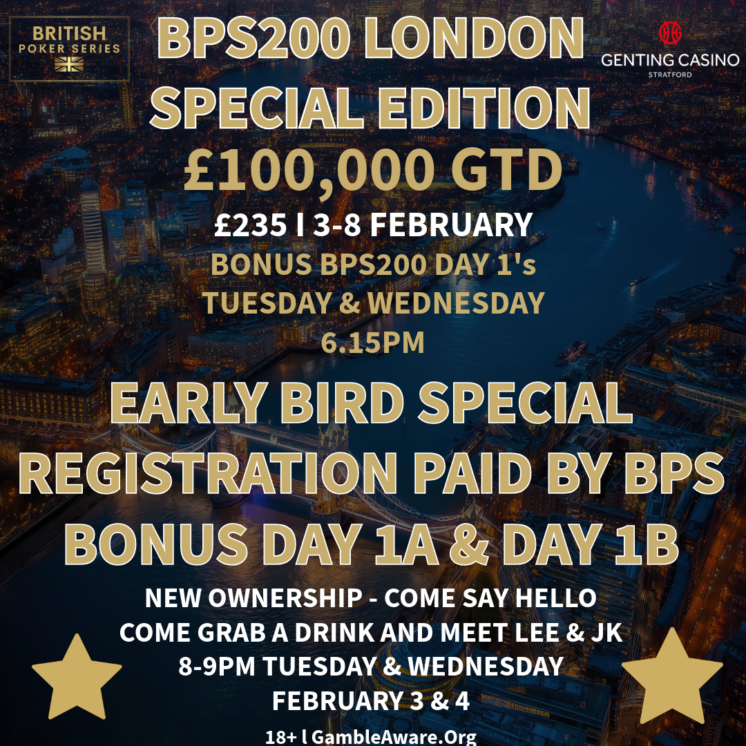 BPS Championship London poker tournament: over £400,000 guaranteed. October 1-12, 2025. 7 trophy events.