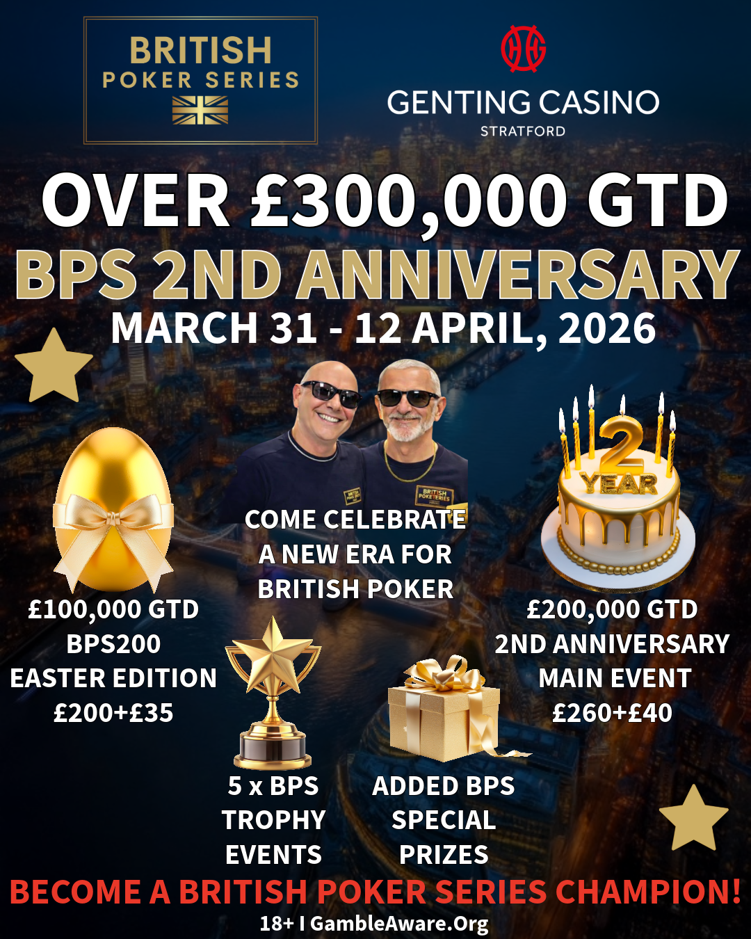 British Poker Series London Stratford dates for 2026: Jan 14-18, Feb 4-8, Mar 4-8, and Apr 1-12.