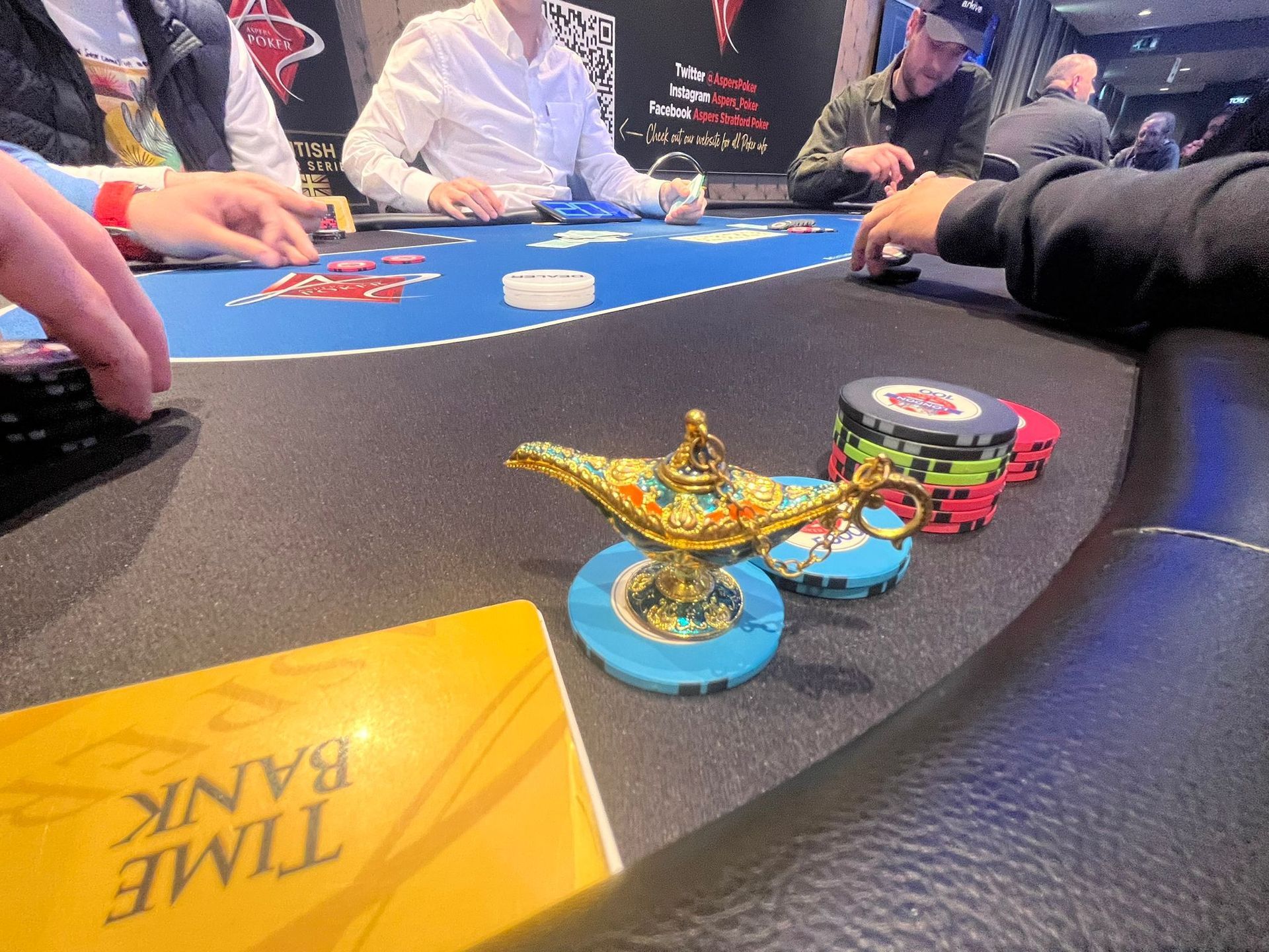 Poker table with chips, an ornate lamp, and players.