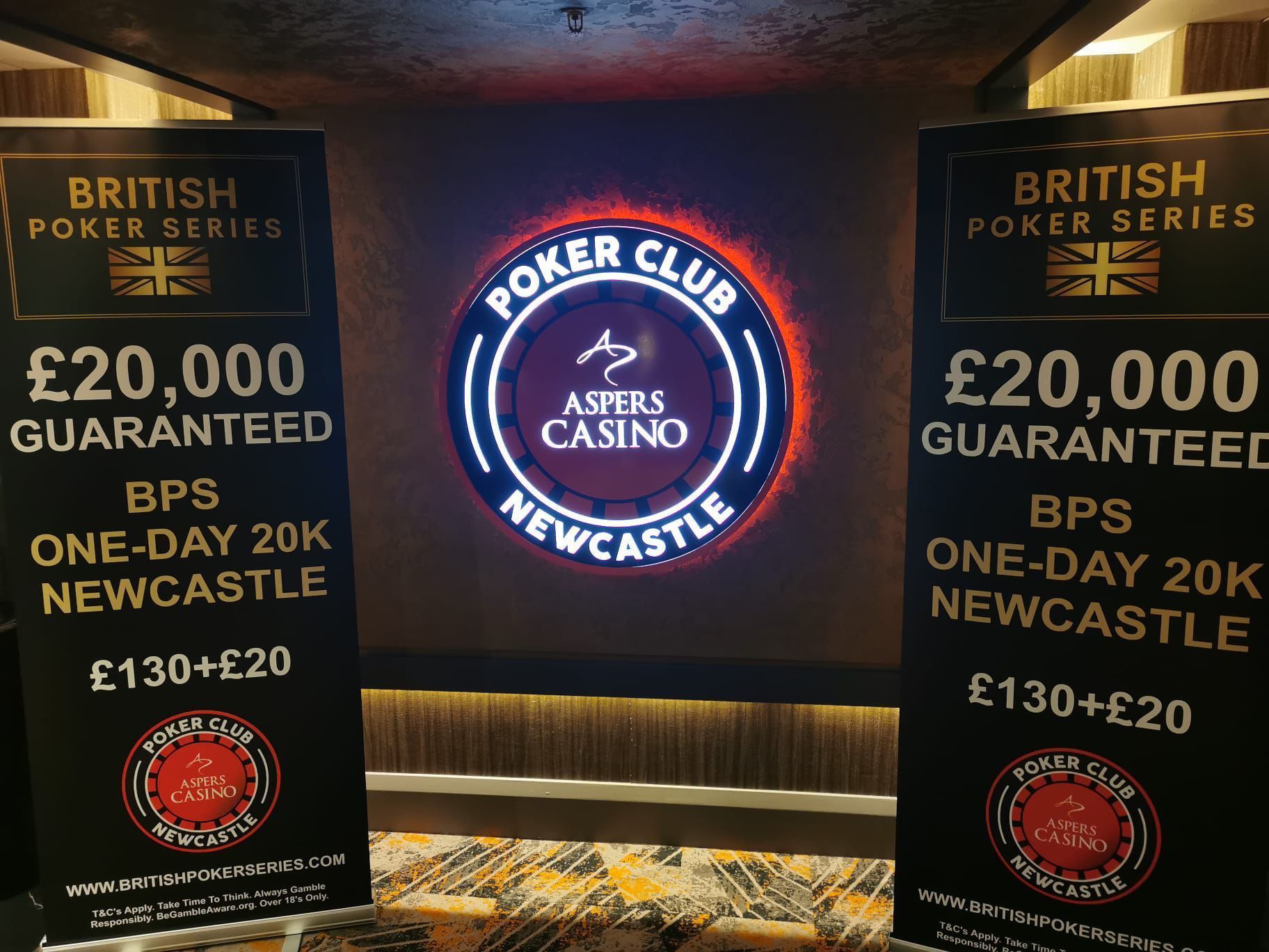 Aspers Casino Newcastle sign with British Poker Series banners and £20,000 guaranteed prize.