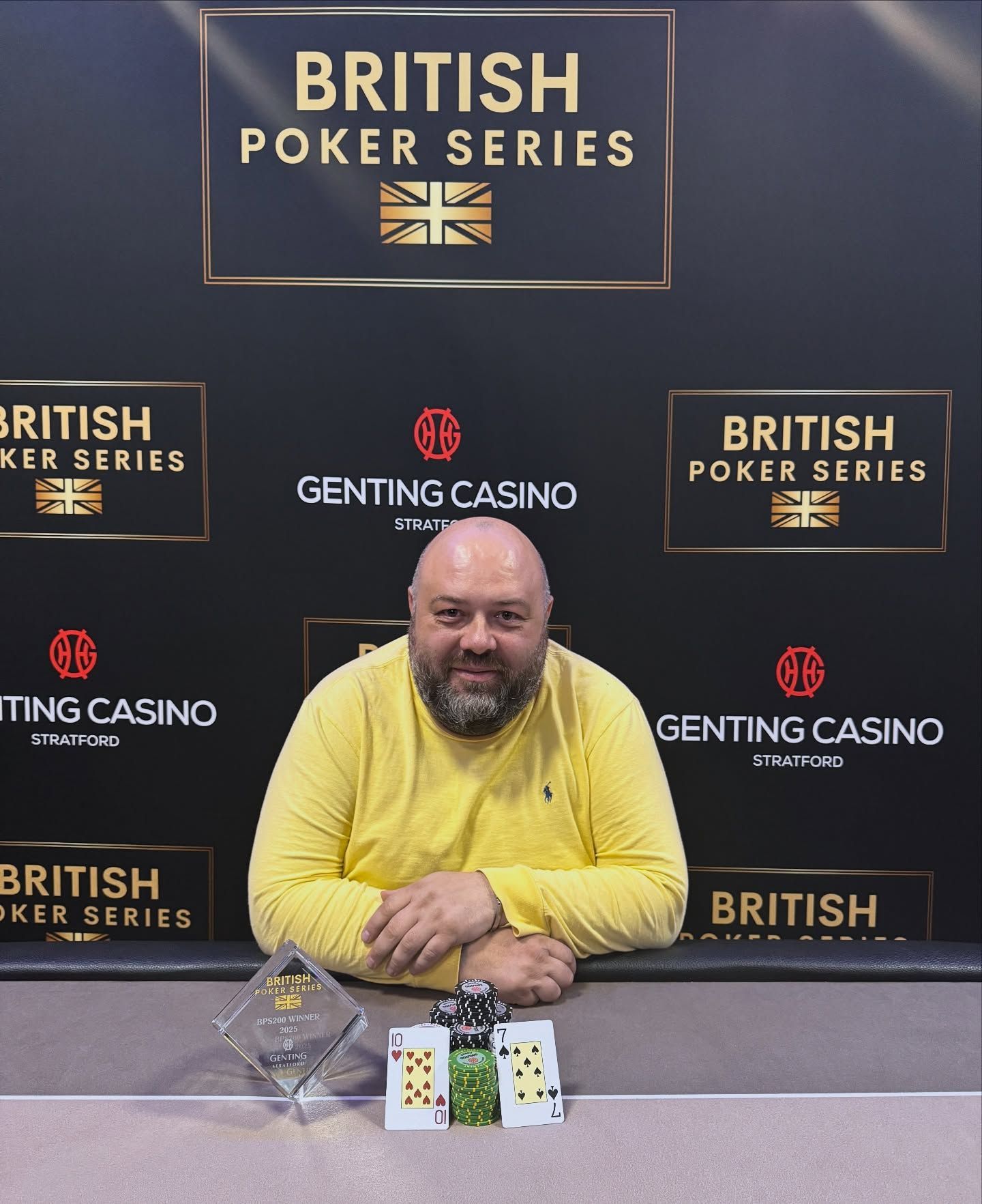 BPS Champion , trophy, and chips at a British Poker Series event.