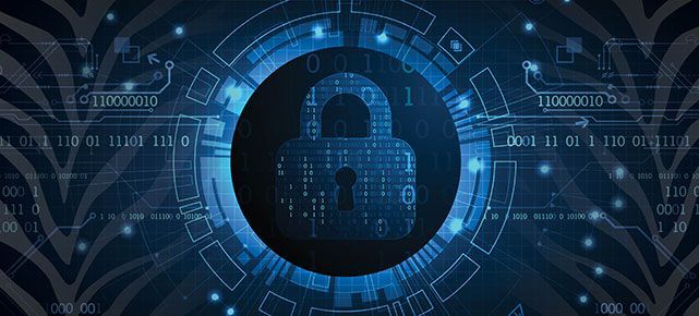A padlock is surrounded by a circle of binary code.