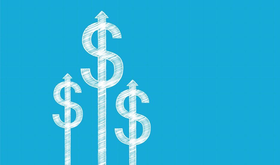Three dollar signs are growing up in the air on a blue background.
