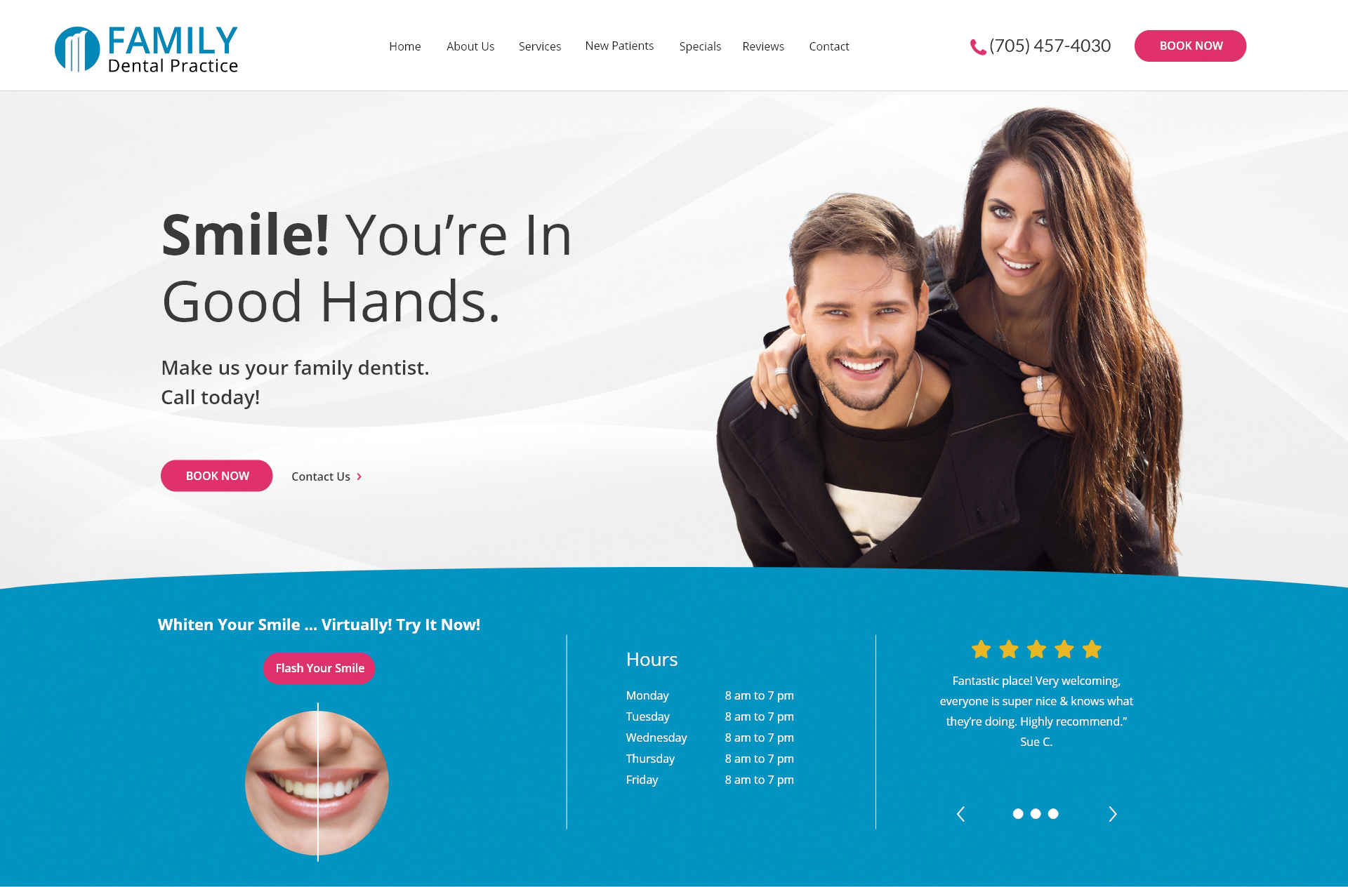 A man and a woman are smiling on a dental website.