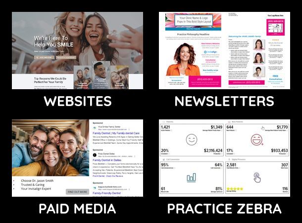 A collage of four different types of websites , newsletters , paid media , and practice zebra.