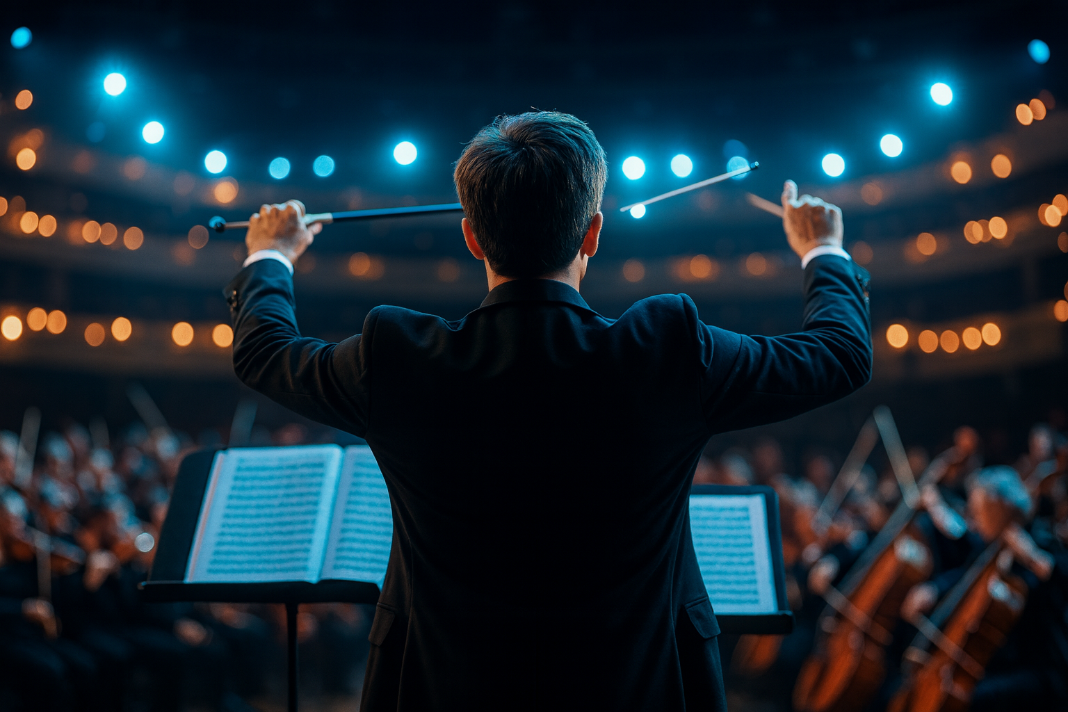 A symphony orchestra conductor stands center stage with his back to the audience, raising his baton as he leads a full orchestra like a group or DSO would do to their dental practices.