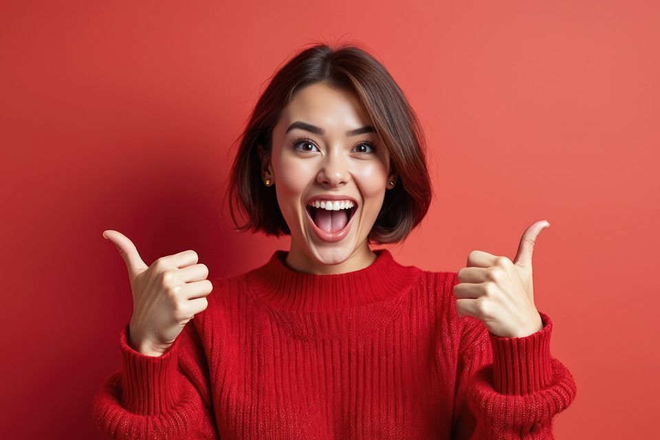Smiling woman giving thumbs up, showing how direct mail marketing helps dental practices grow.