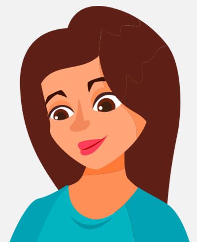 A cartoon illustration of a woman with long brown hair and a blue shirt.
