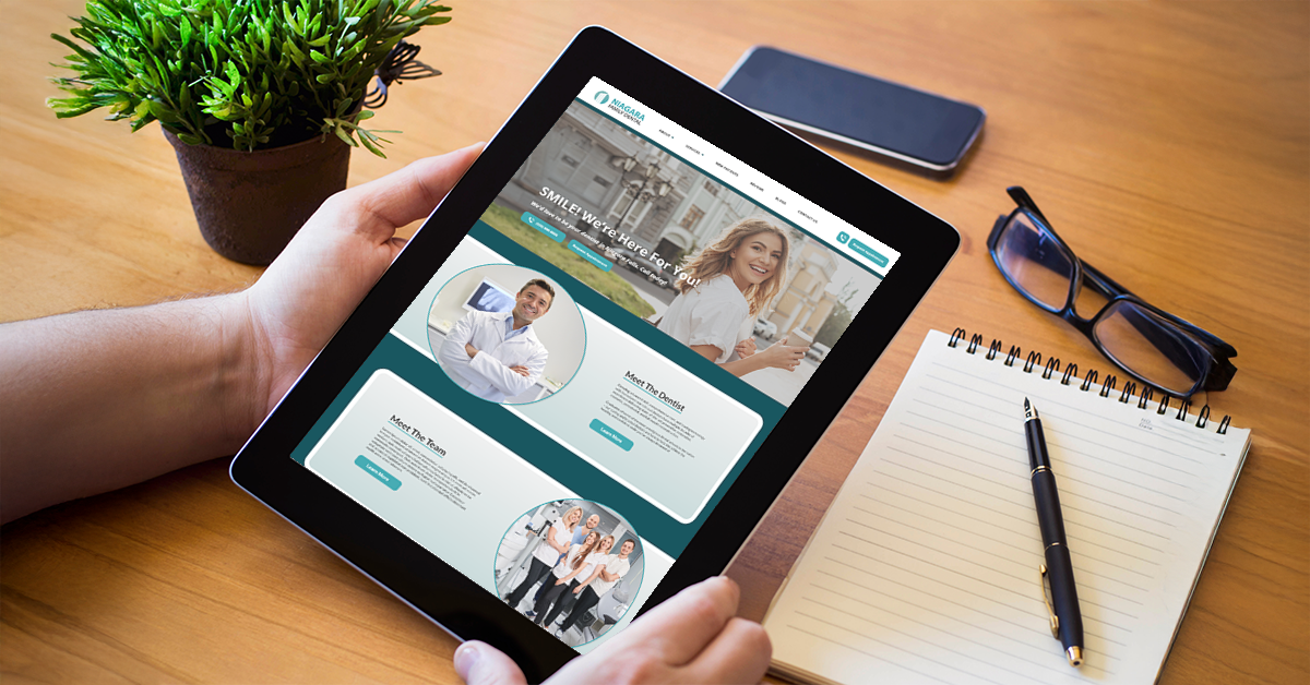 Tablet displaying a modern dental website design showcasing dental SEO services for a dental site.