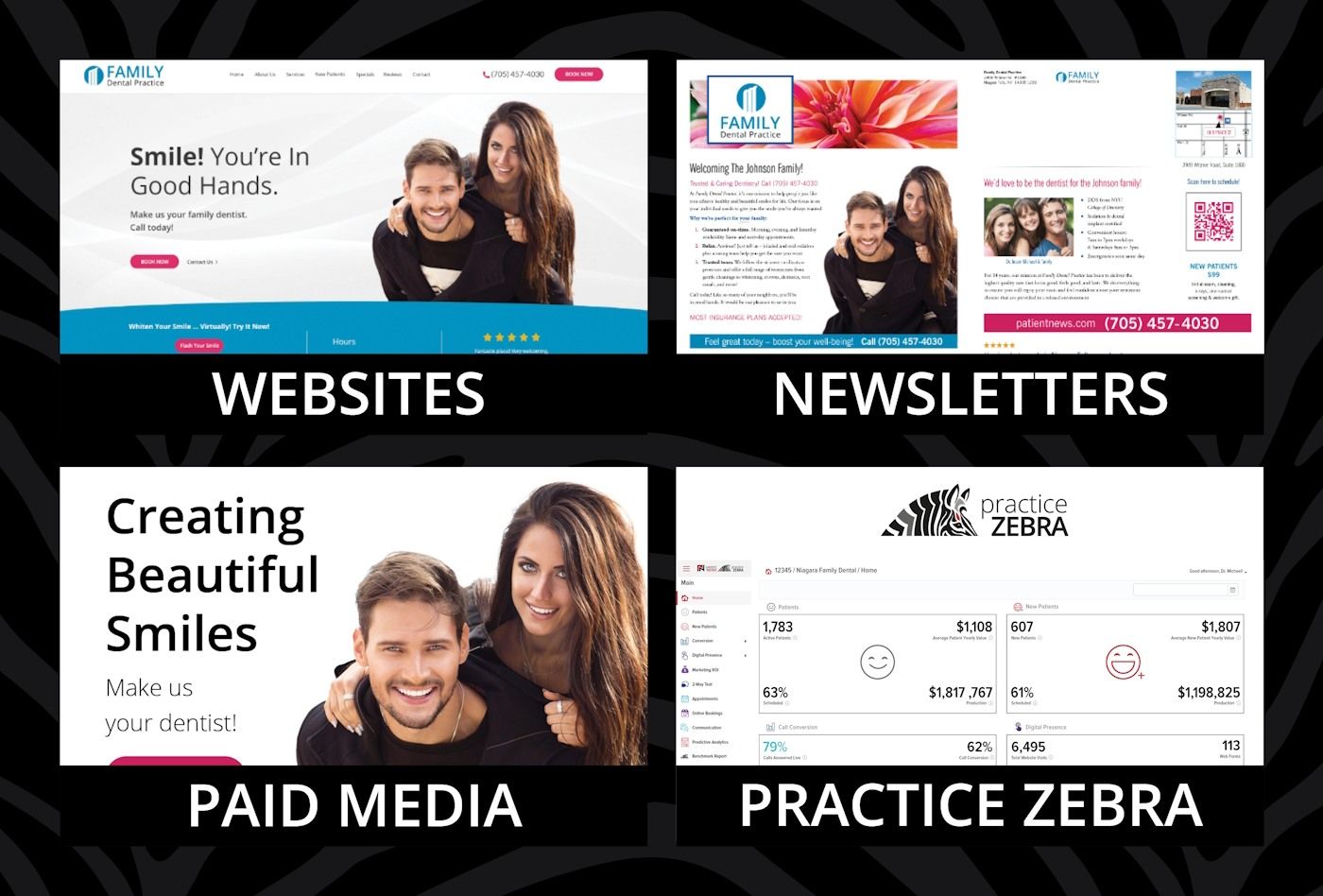 A collage of four different types of websites , newsletters , paid media , and practice zebra.