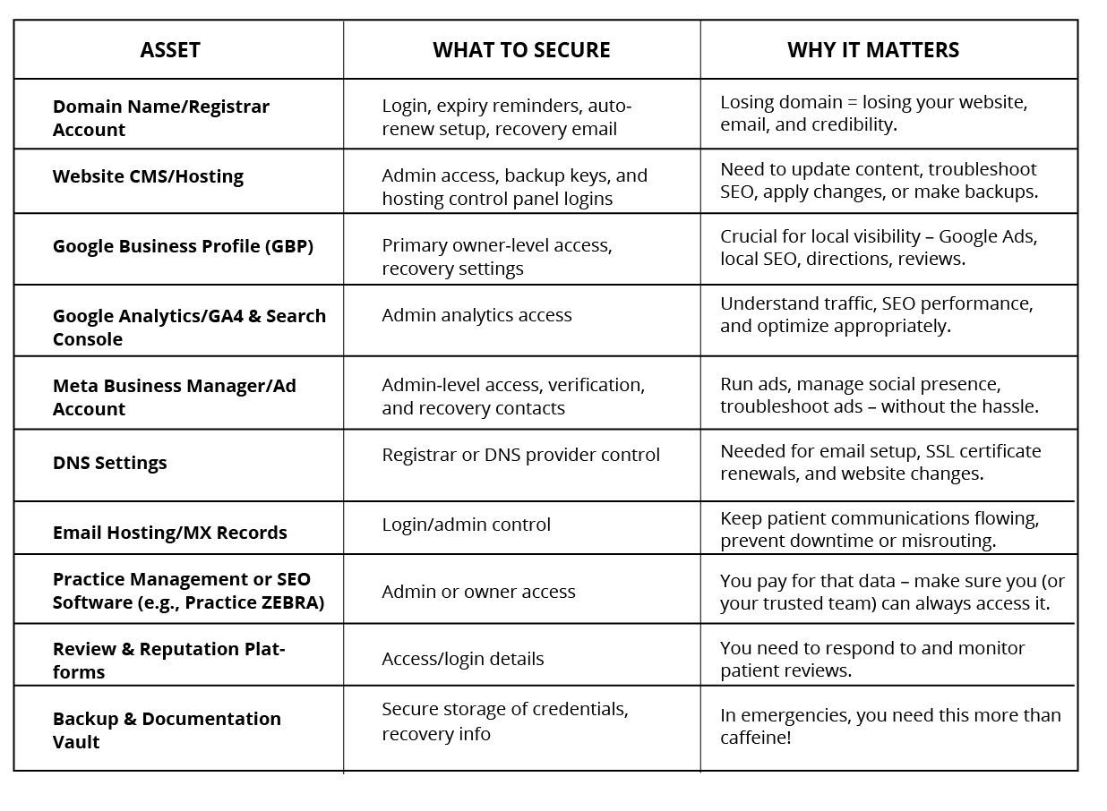 Infographic listing key digital assets dental practices must secure, including domains, websites, Google and Meta accounts, analytics, DNS, email hosting, and software access, with details on what to secure and why it protects marketing performance and practice visibility.