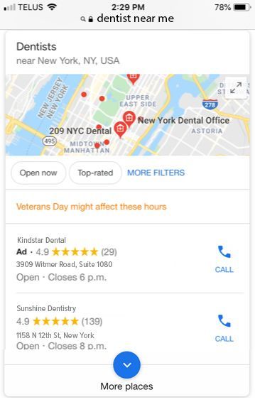 A phone screen shows a dentist near me in new york