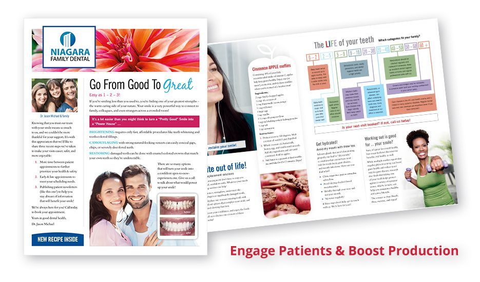 A brochure for a dental office that says engage patients and boost production