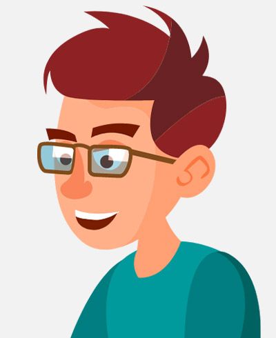 A cartoon boy wearing glasses and a blue shirt is smiling.