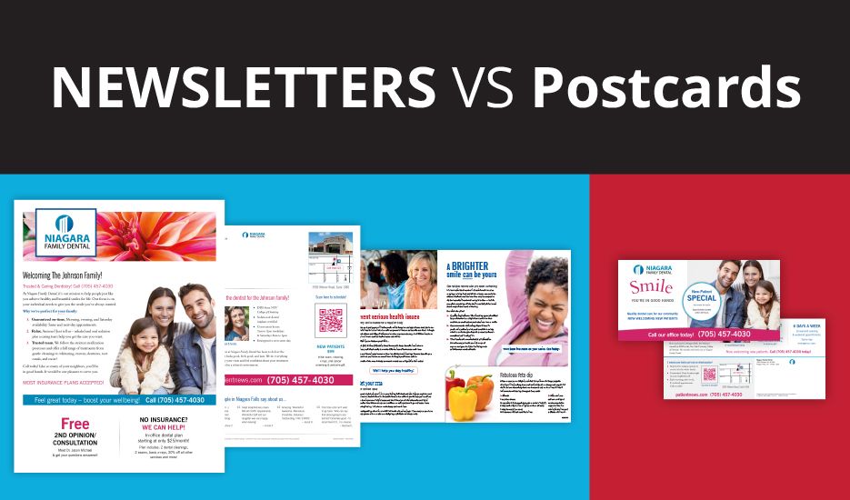 A collage of newsletters and postcards on a blue and red background