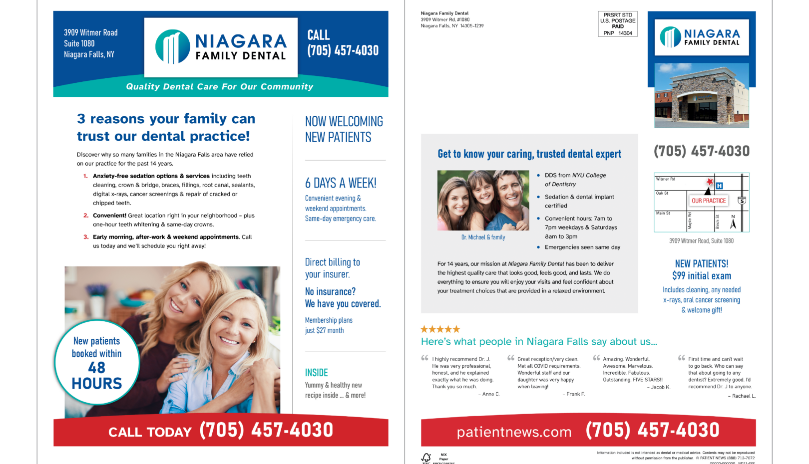 A flyer for niagara family dental shows two women hugging each other