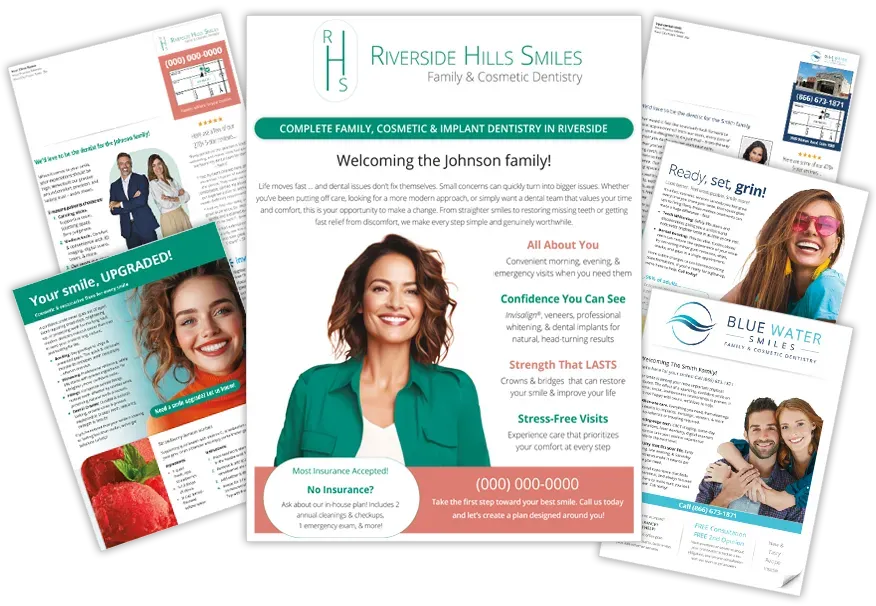 Direct mail for dentists featuring dental newsletters designed to attract new patients.