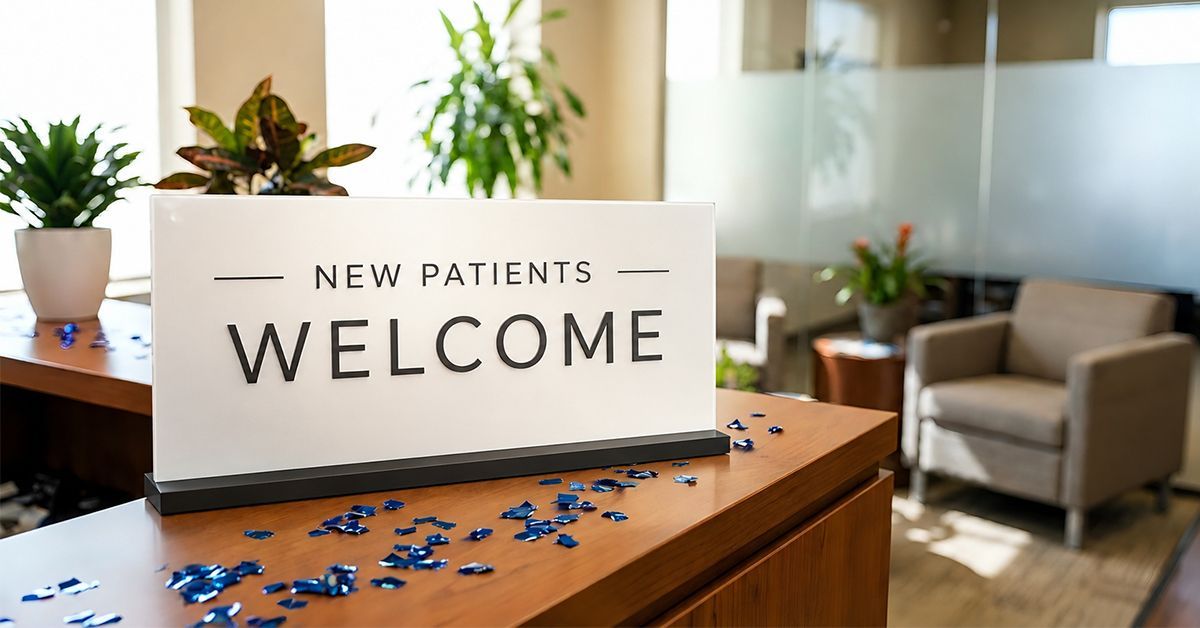 New patient welcome sign in a dental office highlighting dental marketing and patient acquisition.