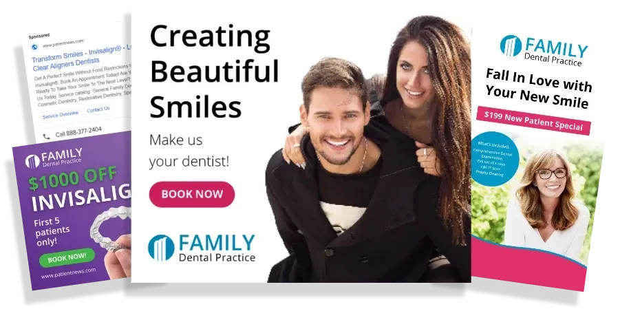 A man is carrying a woman on his back in an advertisement for family dental practice.