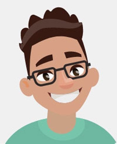A cartoon illustration of a young man wearing glasses and smiling.
