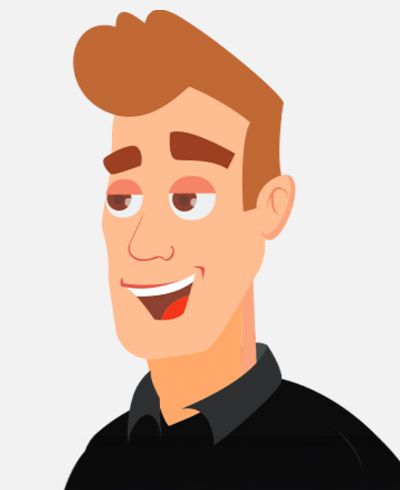 A cartoon man is smiling and wearing a black shirt.