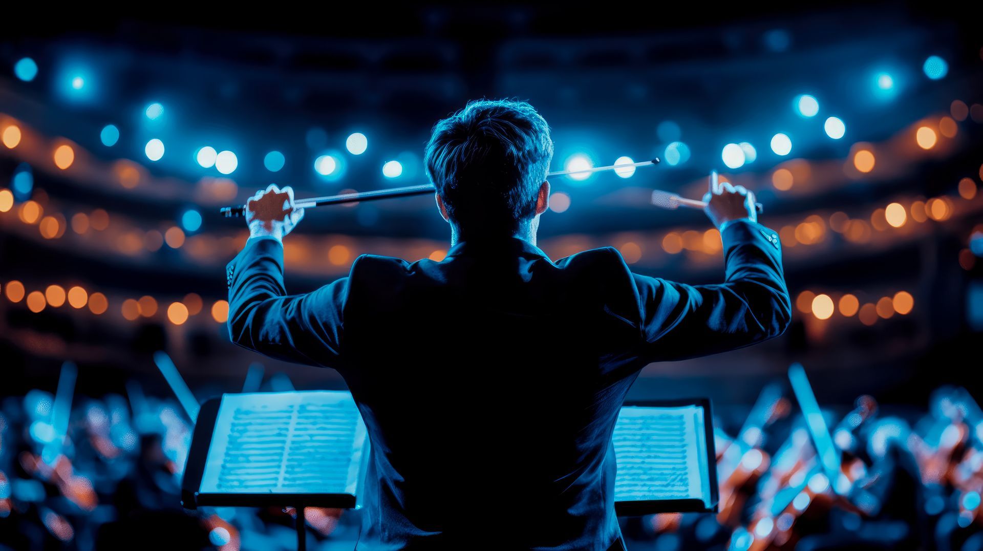 A conductor leading a symphony orchestra, representing how expert dental marketing strategy harmony