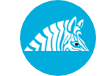A zebra is sitting in a blue circle on a white background.
