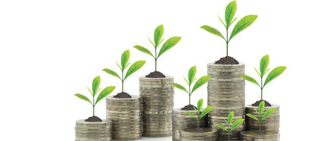 A stack of coins with plants growing out of them.