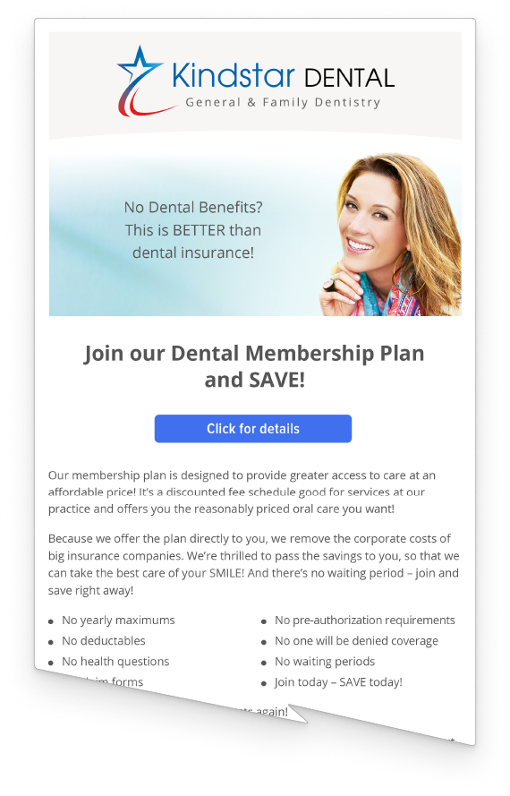 Kindstar dental is offering a dental membership plan and save.