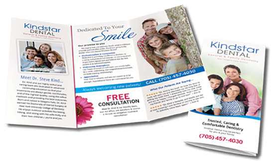 A brochure for a dental office with a picture of a family.