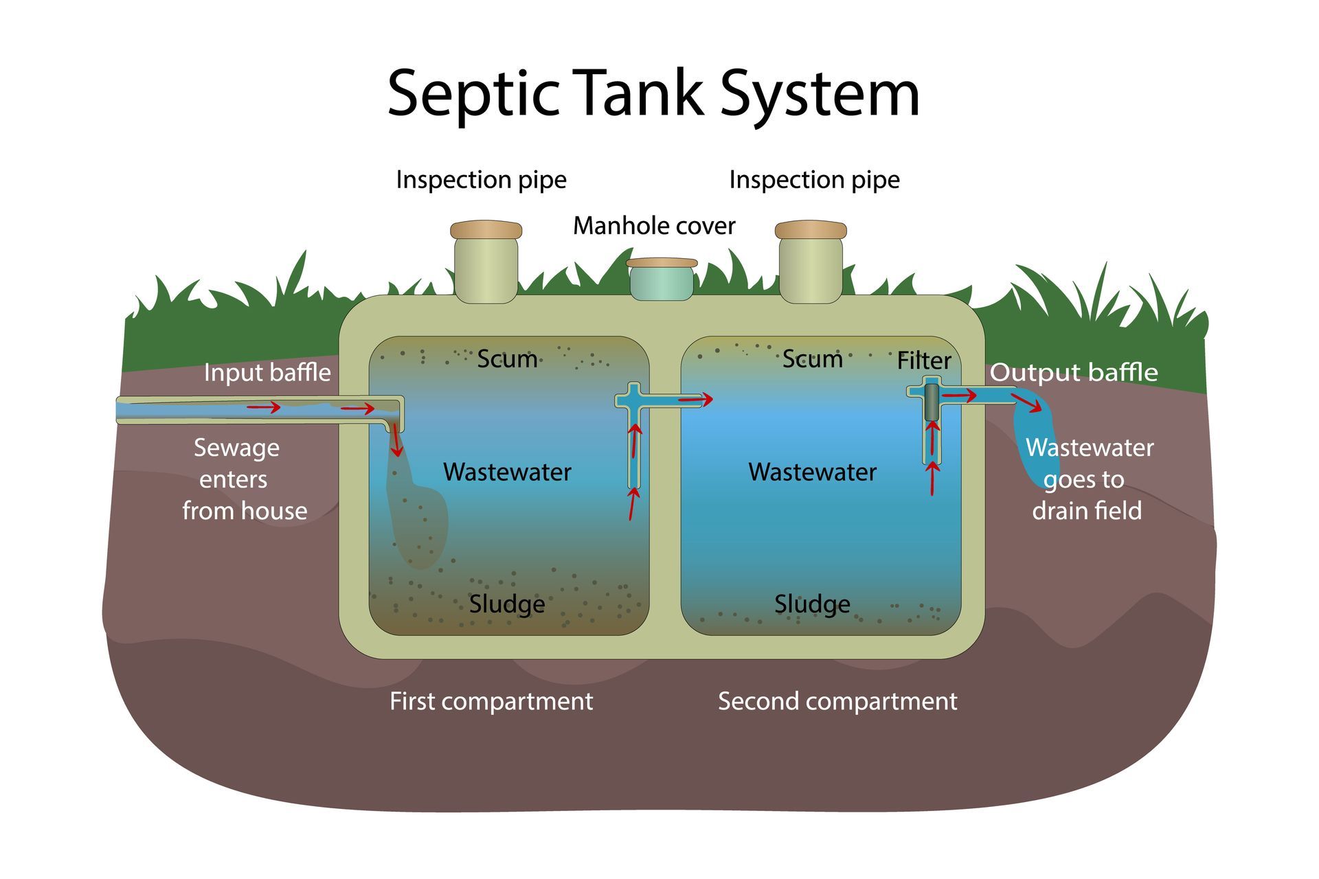 Diagram of typical residential Septic Tank System including inspection pipe, sludge, scum, and wastewater. 