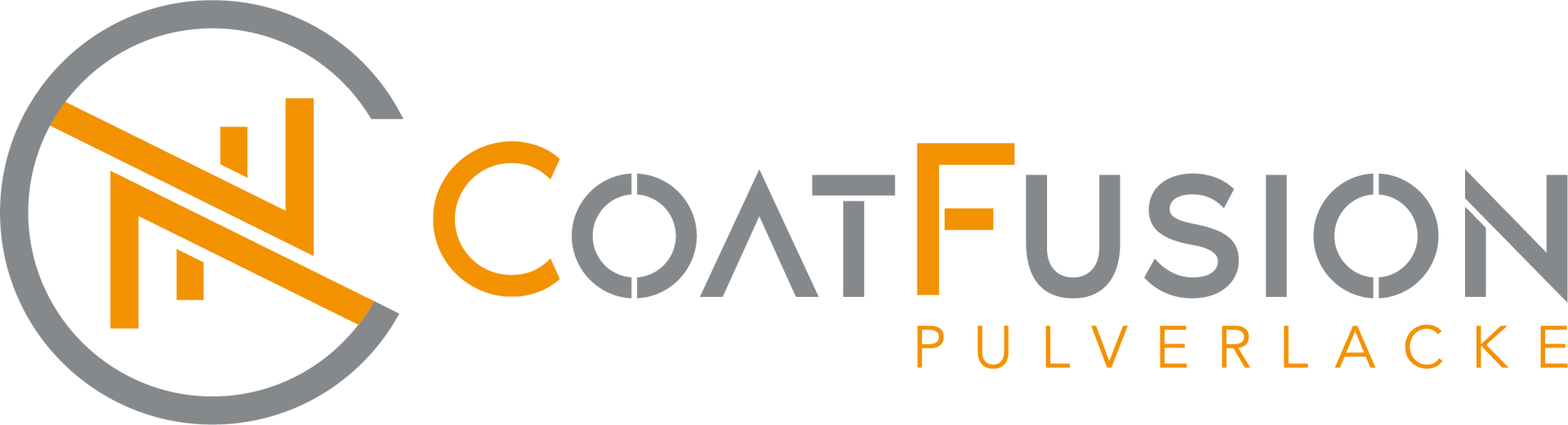 Das CoatFusion-Logo besteht aus einem grauen Kreis mit orangefarbenen Diagonallinien und dem Schriftzug „COATFUSION PULVERLACKE“ in Grau und Orange.