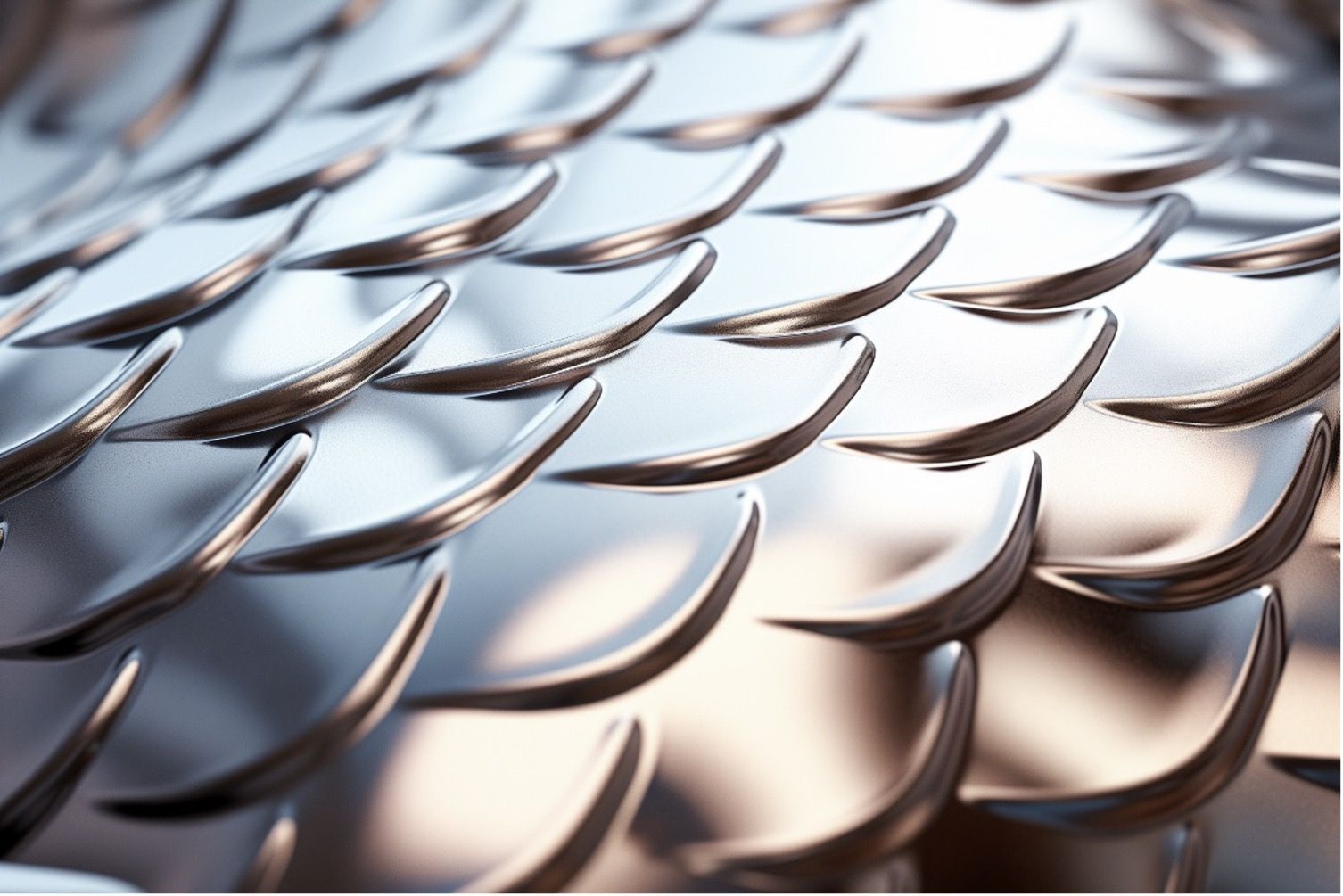 Eine Nahaufnahme von sich überlappenden, polierten silbernen Metallschuppen, die in einem geschwungenen, sich wiederholenden Muster angeordnet sind.