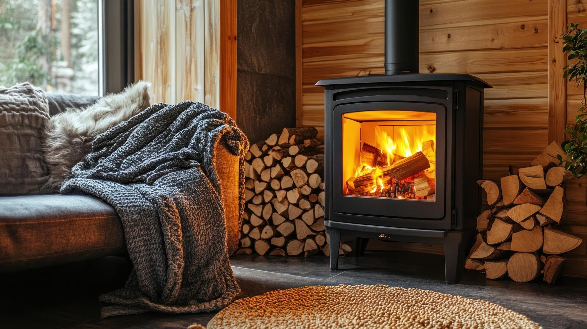 Ein gemütliches Zimmer mit einem prasselnden Holzofen, Holzstapeln und einem mit einer weichen Decke bedeckten Sofa.