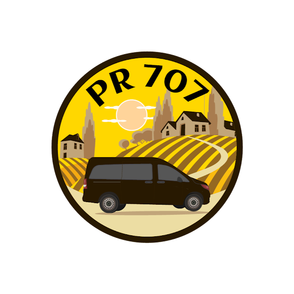 Black van on rolling hills, yellow sunset. "PR 707" logo in circular design.