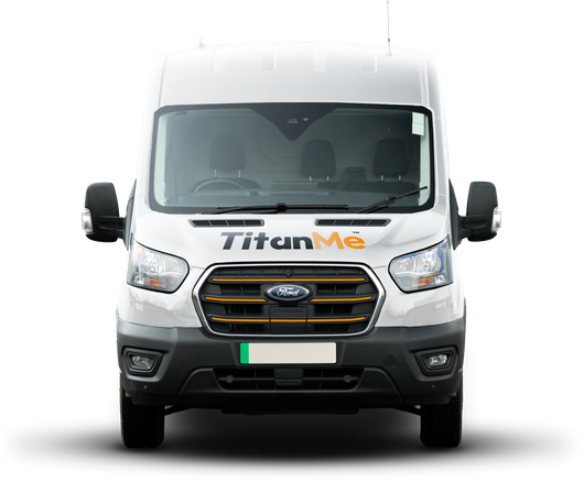 Front view of a white Ford Transit van with TitanMe logo and black accents on a plain background