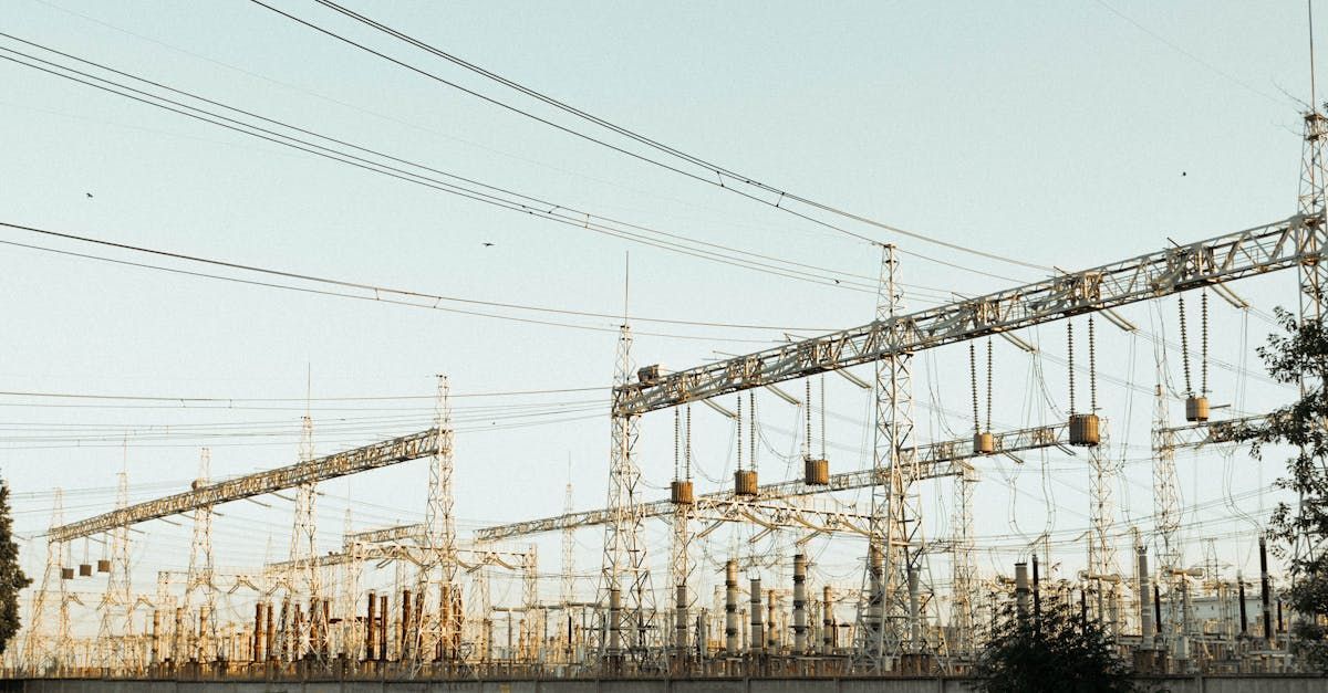 Electrical substation with rows of power lines and transformer structures under a pale sky