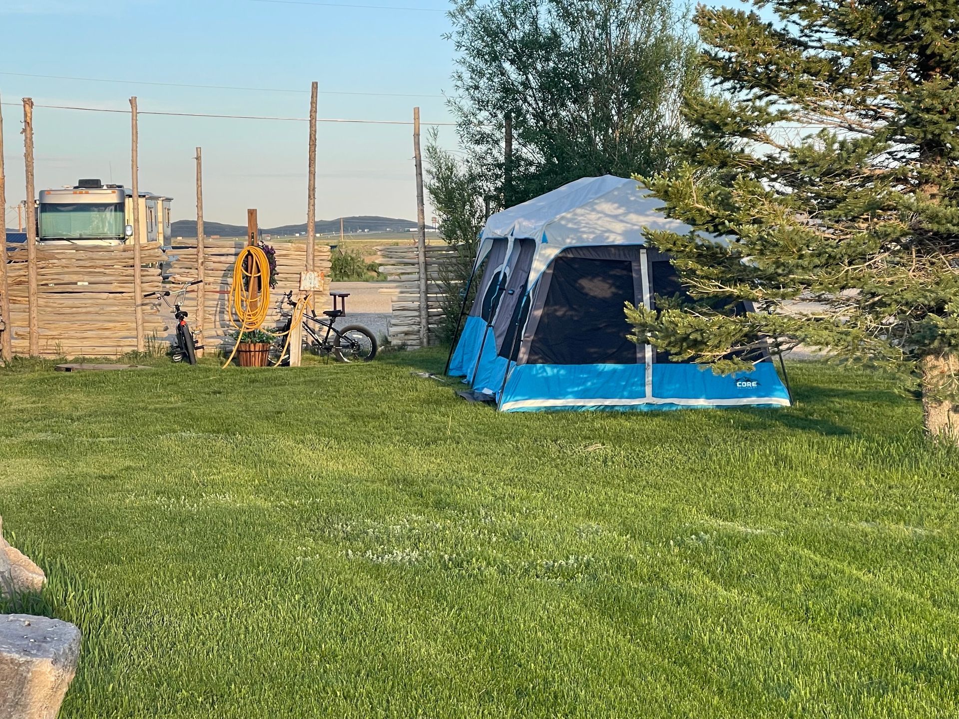 A row of tents are lined up in the woods at night.