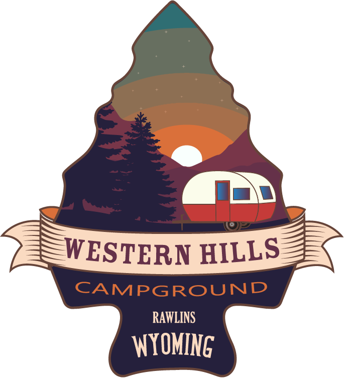 A logo for western hills campground with a red trailer