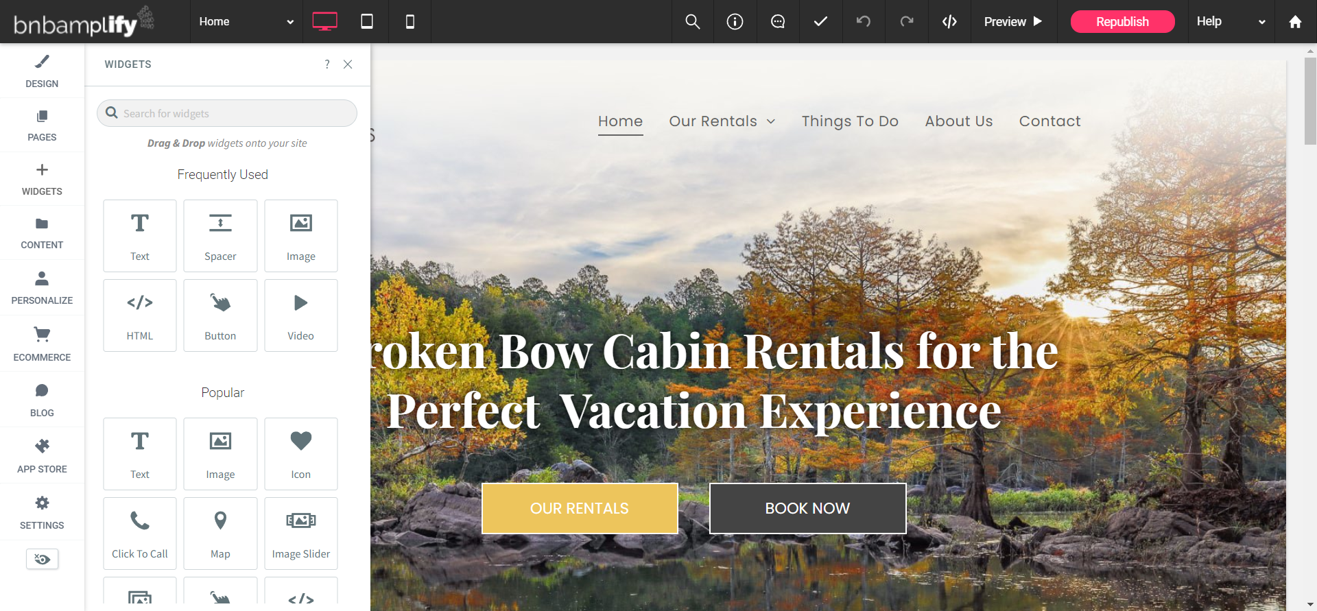 A screenshot of a website of a vacation rental website inside of a website editor by bnb AMPLIFY