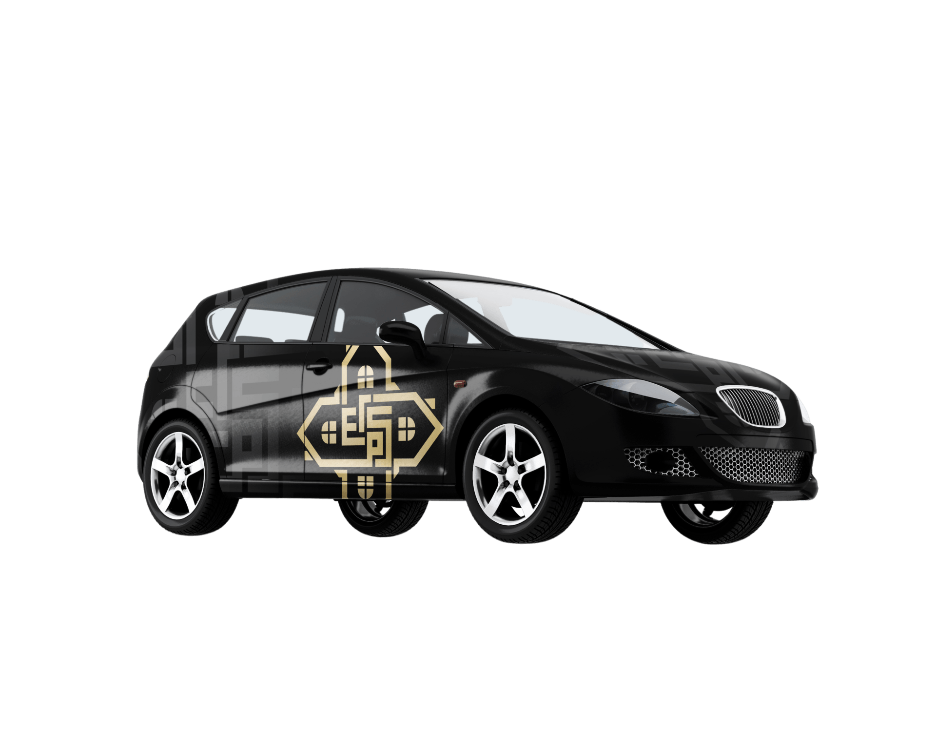 A black car with a gold logo on the side on a white background.