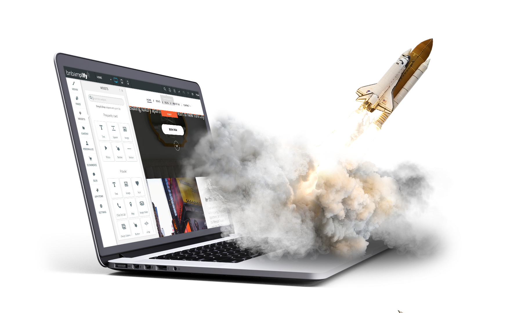 A laptop computer with a rocket flying out of it.