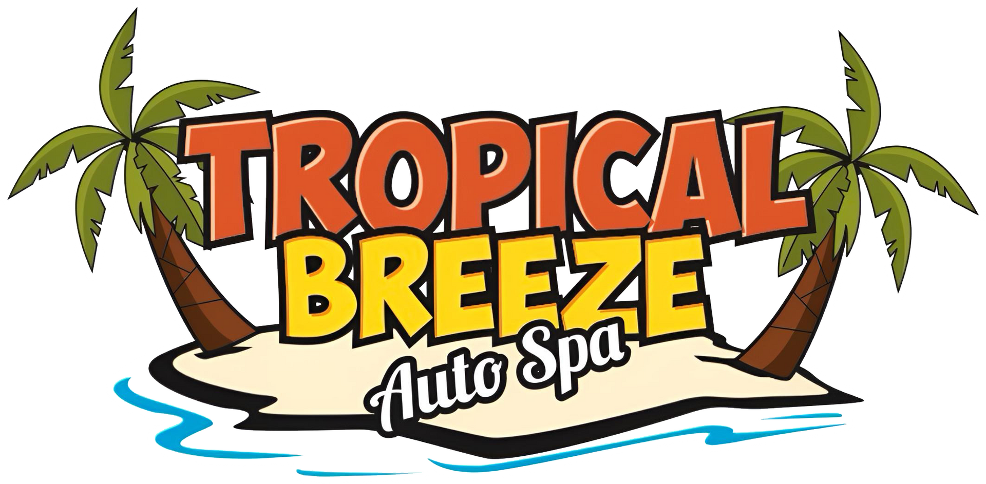 Tropical Breeze Auto Spa logo with palm trees and beach background.