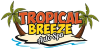 Tropical Breeze Auto Spa logo with palm trees and beach background.